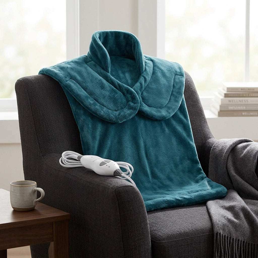 Heated massage shawl wrapped around neck and shoulders for soothing warmth and gentle vibration relaxation