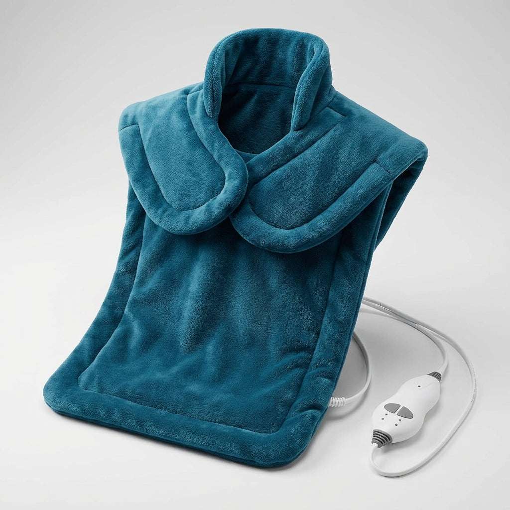 Heated massage shawl draped over shoulders providing warmth and vibration for neck and shoulder relaxation