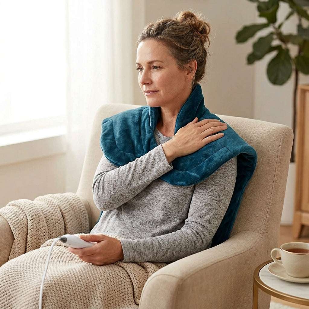 Heated Massage Shawl draped over shoulders providing warmth and vibration for neck and shoulder relaxation