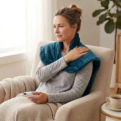 Heated Massage Shawl draped over shoulders providing warmth and vibration for neck and shoulder relaxation