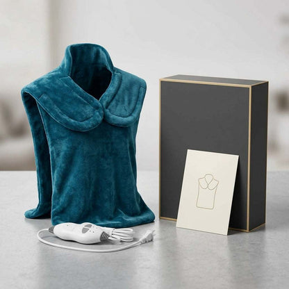 Heated Massage Shawl draped over shoulders providing warmth and gentle vibration for neck and shoulder relaxation