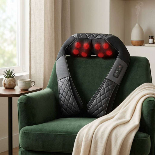 Heated vibration cushion heat therapy back massager on chair providing soothing full-back massage and warmth