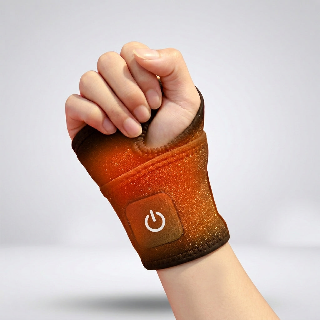 Heated wrist support brace providing adjustable warmth and secure fit for comfort and relief